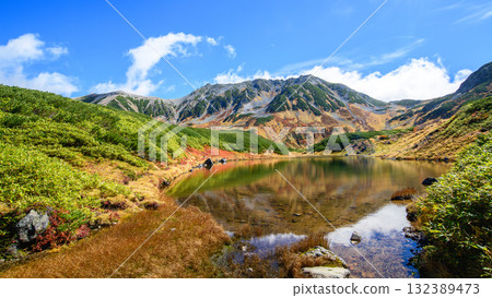 室堂平的秋天：翠綠的竹林和蔓生的松樹，綠池的映襯，以及雄偉的立山山脈。富山縣立山黑部阿爾卑斯山脈路線 132389473