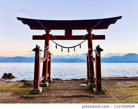 Lake Tazawa, Gozanoishi Shrine, Torii Gate and Calm Lake Surface / Torii Gate Floating on a Sere Lake Tazawa, Gozanoishi Shrine, Torii Gate and Calm Lake Surface / Torii Gate Floating on a Sere 132389484