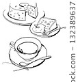Stylish line drawing illustration of tea and sweets 132389637