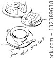 Stylish line drawing illustration of tea and sweets 132389638