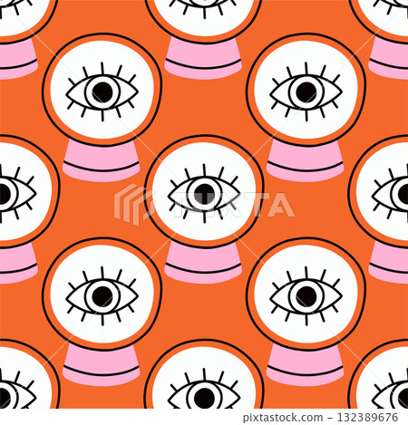 Simple fortune orb hand drawn Halloween seamless pattern on orange background. Vector wallpaper illustration repeat design for fabric print, sticker, cover, wrapping. 132389676