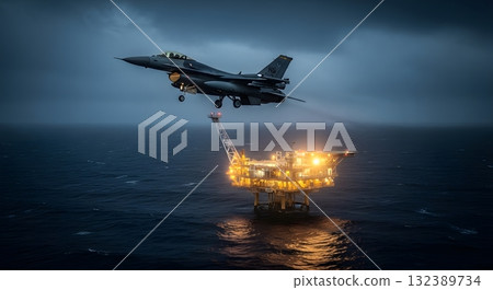 Military Jet Takes Off Near Illuminated Offshore Oil Platform During Nighttime Storm 132389734