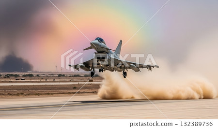 Military Jet Taking Off From Desert Airfield Under a Rainbow with Dust Cloud 132389736