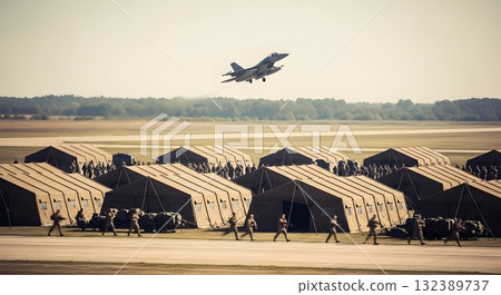 Military Jet Taking Off Over Tented Structures And Soldiers At Airfield Under Blue Sky In Daylight Military Jet Taking Off Over Tented Structures And Soldiers At Airfield Under Blue Sky In Daylight 132389737