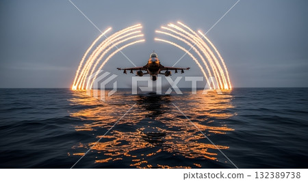Military Jet Taking Off Over Water with Flare Trails and Dark Sky 132389738