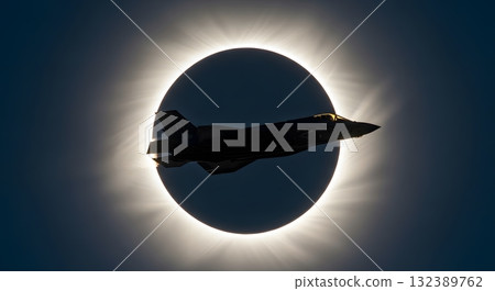 Silhouette Of Jet Aircraft Across Solar Eclipse Depicting Celestial Phenomenon In Dark Space Silhouette Of Jet Aircraft Across Solar Eclipse Depicting Celestial Phenomenon In Dark Space 132389762