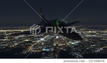 Military Jet Aircraft Flying At Night Over Illuminated City Lights and Dark Sky Military Jet Aircraft Flying At Night Over Illuminated City Lights and Dark Sky 132389839