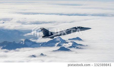 Military Jet Aircraft Soaring Above Clouds And Snow Capped Mountains In Mid Air Military Jet Aircraft Soaring Above Clouds And Snow Capped Mountains In Mid Air 132389841
