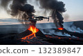 Aerial Drone Captures Volcanic Eruption with Lava Flow and Smoke in Dramatic Landscape 132389847