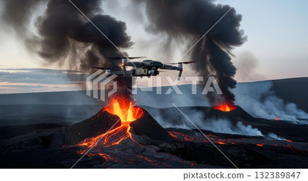 Aerial Drone Captures Volcanic Eruption with Lava Flow and Smoke in Dramatic Landscape Aerial Drone Captures Volcanic Eruption with Lava Flow and Smoke in Dramatic Landscape 132389847