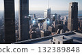 Aerial Vehicle Flying Over Urban Cityscape With Skyscrapers Under Bright Sky 132389848