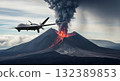 Aerial View of Drone Over Active Volcano Erupting Smoke and Flames in Grey Daytime 132389853