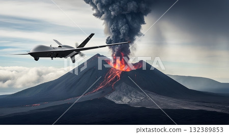 Aerial View of Drone Over Active Volcano Erupting Smoke and Flames in Grey Daytime Aerial View of Drone Over Active Volcano Erupting Smoke and Flames in Grey Daytime 132389853