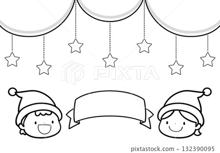 Line drawing illustration of children wearing Christmas decorations and Santa hats (for coloring) 132390095