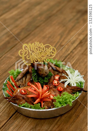 Christmas Roast Chicken Hamper with Vegetables and Chili Decoration on Wooden Background	 132390125