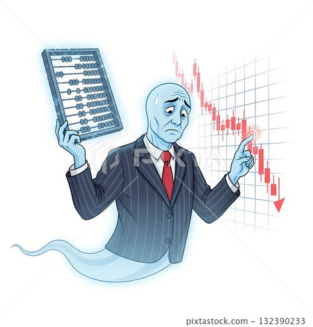 Ghostly businessman with abacus and falling stock market chart, illustration. Ghostly businessman with abacus and falling stock market chart, illustration. 132390233