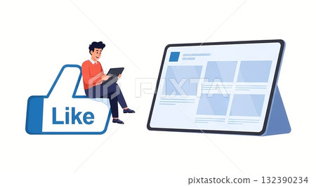 Man using tablet sitting on like symbol near a tablet mockup 132390234