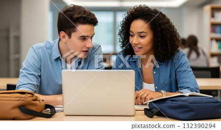 Two diverse students collaborate using a laptop in the library. Two diverse students collaborate using a laptop in the library. 132390294