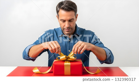 Man opening a red gift box with gold ribbon. Man opening a red gift box with gold ribbon. 132390317