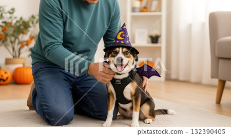 Man petting cute dog in Halloween costume at home 132390405