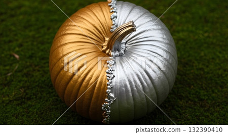 Elegant gold and silver painted pumpkin on green moss background 132390410