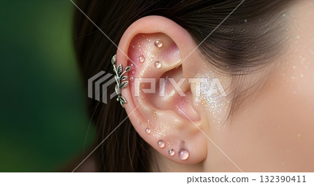 Elegant closeup of a womans ear with jewelry and glitter Elegant closeup of a womans ear with jewelry and glitter 132390411