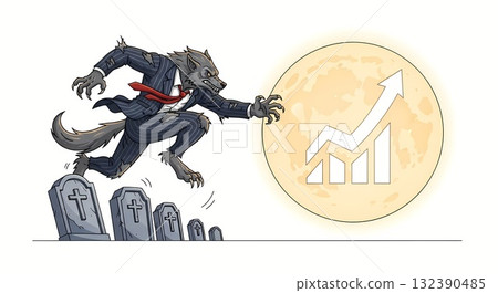 Werewolf businessman jumps over gravestones towards rising stock market moon 132390485