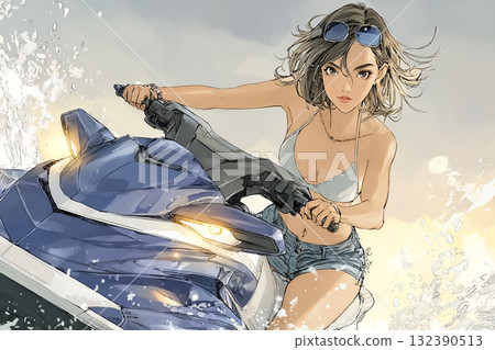 Miyu系列:日落時分享受水上摩托車樂趣的女人 Miyu系列:日落時分享受水上摩托車樂趣的女人 132390513