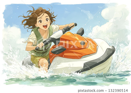 美遊系列：在蔚藍的大海中享受水上摩托車樂趣的女人 132390514