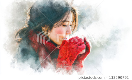 一位喝著熱飲、呼吸著白色氣息的女士的水彩畫 132390791