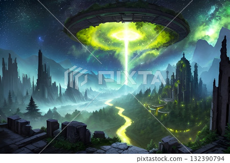 遊戲背景：天空中充滿神秘光能的古城剪影 132390794