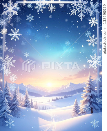 以白雪皚皚的風景為背景的夢幻雪花冬季框架 132390939