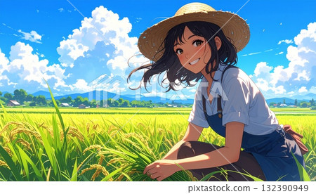 A young woman working as a farmer harvesting rice in a rice field. AI-generated material A young woman working as a farmer harvesting rice in a rice field. AI-generated material 132390949