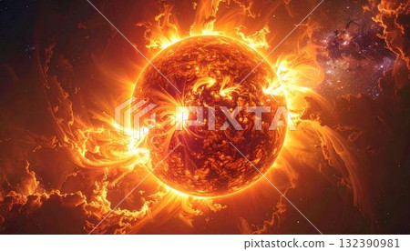 The image shows a vibrant, detailed depiction of the sun, with flares and eruptions visible from its The image shows a vibrant, detailed depiction of the sun, with flares and eruptions visible from its 132390981