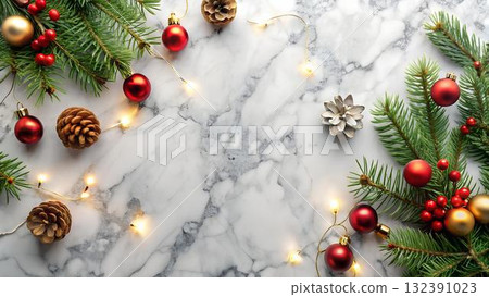 The image presents a festive Christmas setting with ornaments, pine branches, and string lights on a marble 132391023