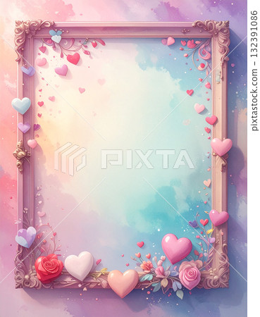 A Valentine's Day decorative frame surrounded by pastel-colored plump hearts 132391086