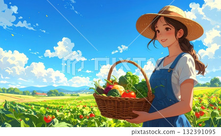 Young woman working as a farmer harvesting in the fields. AI-generated material 132391095