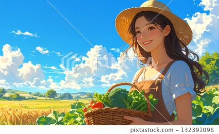 一位年輕女子在田間收割農作物。人工智慧生成的素材 一位年輕女子在田間收割農作物。人工智慧生成的素材 132391098