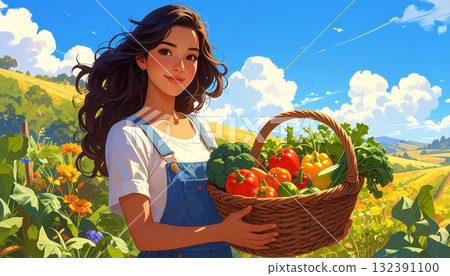 一位年輕女子在田間收割農作物。人工智慧生成的素材 132391100