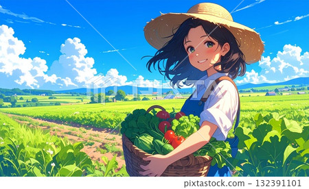 一位年輕女子在田間收割農作物。人工智慧生成的素材 132391101