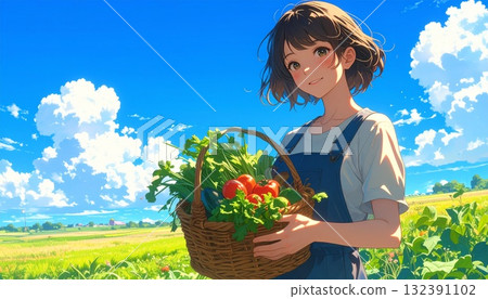 一位年輕女子在田間收割農作物。人工智慧生成的素材 132391102