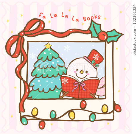 Cute Coquette Gingham Christmas Cozy Bookish Snowman Reading Book with Christmas Tree in Photo Frame Festive cartoon hand drawn holiday illustration Cute Coquette Gingham Christmas Cozy Bookish Snowman Reading Book with Christmas Tree in Photo Frame Festive cartoon hand drawn holiday illustration 132391324