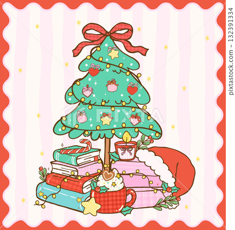 Cute Coquette Gingham Christmas Cozy Reading Bookish Stack Books Under Christmas Tree Festive cartoon hand drawn holiday illustration 132391334