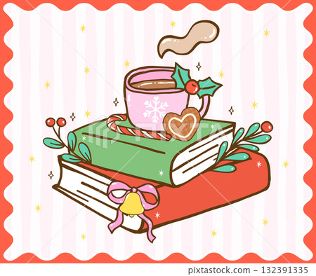 Cute Coquette Gingham Christmas Cozy Reading Bookish Stack Books with Hot Drink Festive cartoon hand drawn holiday illustration Cute Coquette Gingham Christmas Cozy Reading Bookish Stack Books with Hot Drink Festive cartoon hand drawn holiday illustration 132391335