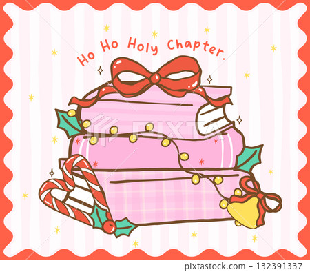 Cute Coquette Gingham Christmas Cozy Reading Bookish Stack Pink Books Gift Wrapped with Red Ribbon Bow Festive cartoon hand drawn holiday illustration Cute Coquette Gingham Christmas Cozy Reading Bookish Stack Pink Books Gift Wrapped with Red Ribbon Bow Festive cartoon hand drawn holiday illustration 132391337