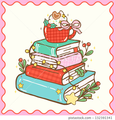 Cute Coquette Gingham Christmas Cozy Reading Bookish Stack Books with whipped cream drink and bow Decoration Festive cartoon hand drawn cozy holiday illustration 132391341