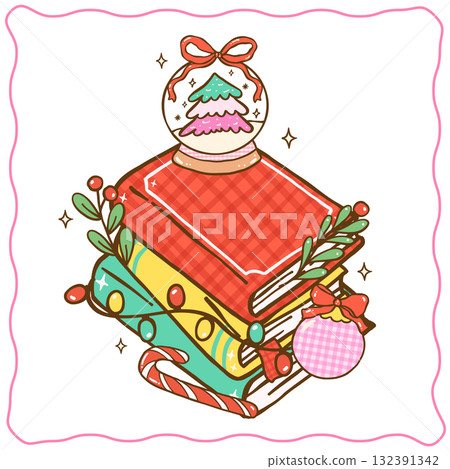 Cute Coquette Gingham Christmas Reading Bookish Stack Books with Christmas Tree in Globe Decoration Festive cartoon hand drawn cozy holiday illustration Cute Coquette Gingham Christmas Reading Bookish Stack Books with Christmas Tree in Globe Decoration Festive cartoon hand drawn cozy holiday illustration 132391342