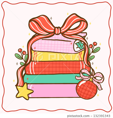 Cute Coquette Gingham Christmas Reading Bookish Stack Books with Stripe Ribbon Bow and Ornament Decoration Festive cartoon hand drawn cozy holiday illustration Cute Coquette Gingham Christmas Reading Bookish Stack Books with Stripe Ribbon Bow and Ornament Decoration Festive cartoon hand drawn cozy holiday illustration 132391343