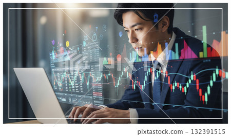 Japanese businessman working on a virtual screen with stock market graphs in the background 132391515