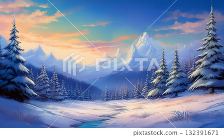 早晨陽光照射下的雪山插畫 早晨陽光照射下的雪山插畫 132391671